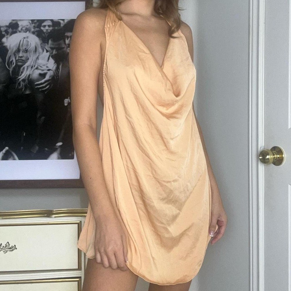 neutral backless halter neck tie mini dress